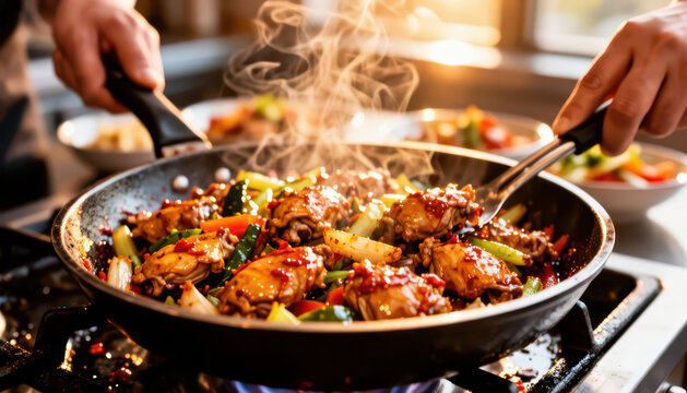 A man stirs a pan filled with chicken and vegetables, creating a colorful meal. Steam rises from the pan, filling the kitchen with rich aromas of herbs and spices.