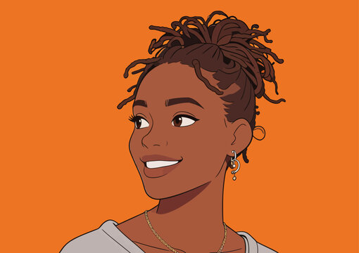 Stylized portrait of a smiling Black young woman with locs hairstyle
