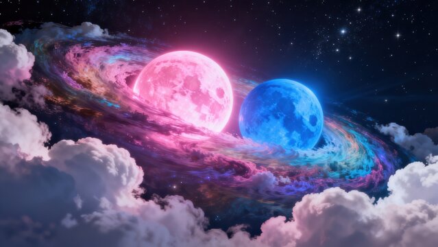 Two colorful moons in a cosmic sky