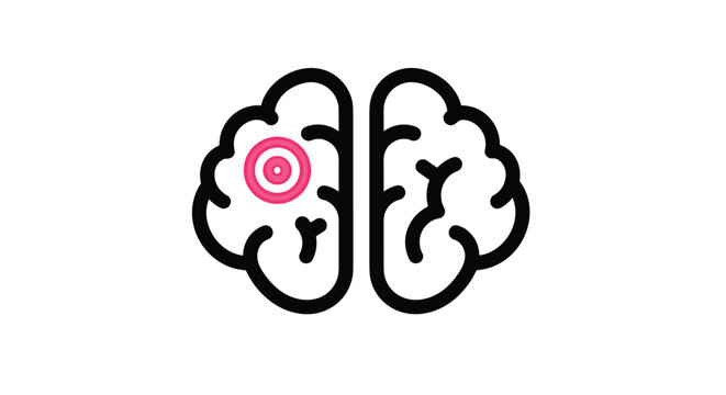 Human brain icon with a pink concentric target symbol on the left hemisphere represents mental focus or specific pain.