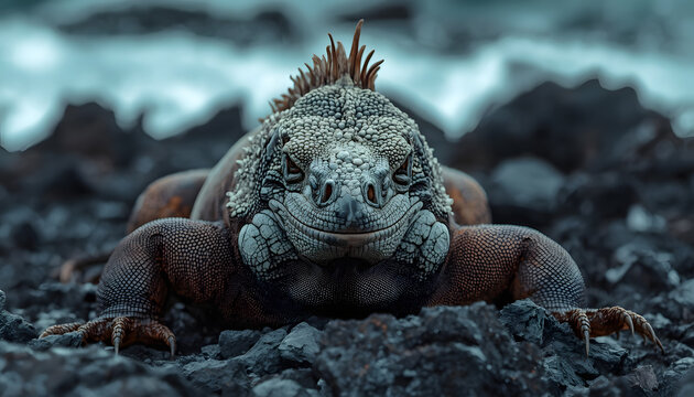Galpagos marine iguana vector art featuring scaly facial details and spikes isolated for biological scientific publishing