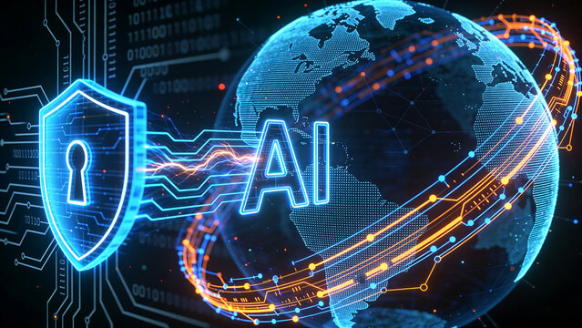 Opens with binary code and circuit patterns converging to form a glowing blue cybersecurity global world