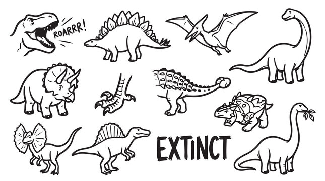 Collection of extinct dinosaurs and prehistoric creatures hand drawn with roars.