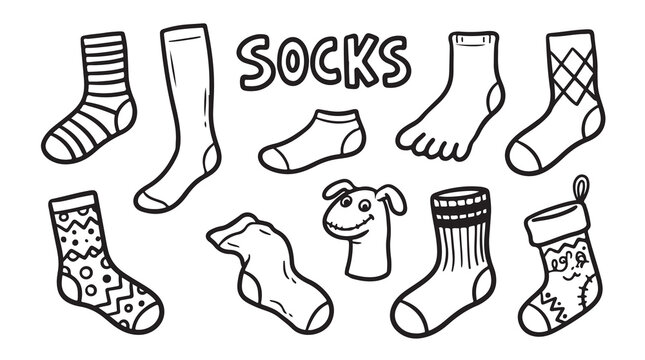 Assorted socks and hosiery hand drawn doodle set with different patterns textures and styles including sock puppet.