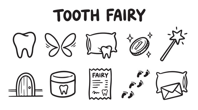 Tooth fairy doodle set with various elements related to children's lost teeth tradition.