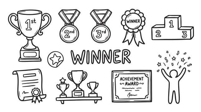 Winner doodle set with various achievement and success related elements.