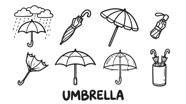 Umbrella doodle set with various types and forms of umbrellas for rain protection.