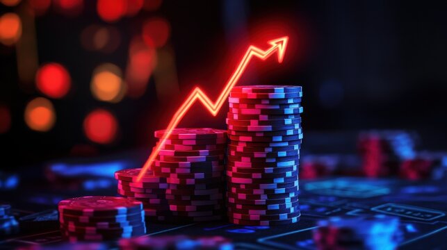 Casino poker chips stack with glowing neon growth chart arrow
