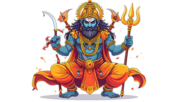 pixel art depiction of a powerful blue-skinned deity in ornate orange and gold attire, holding a trident and other weapons, emitting fiery particles