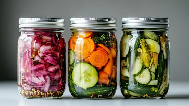 Three glass jars filled with homemade pickled vegetables isolated on white background