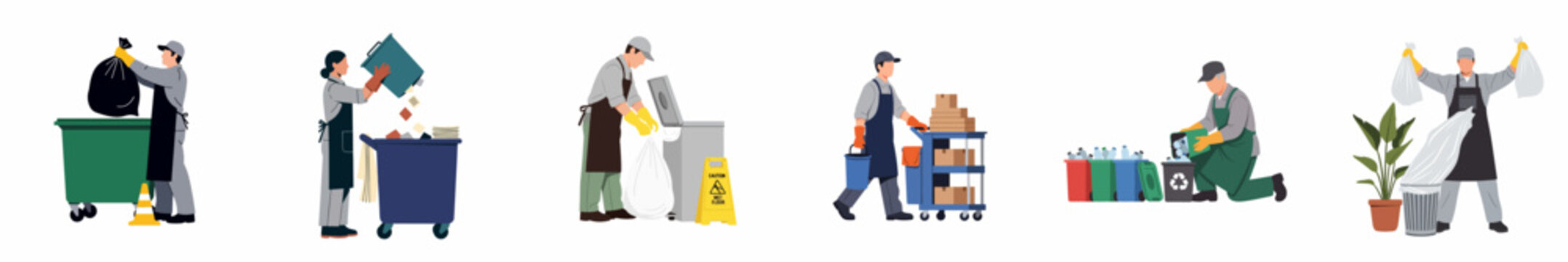 Set of diverse janitors and sanitation workers performing various waste management, recycling, and cleaning tasks in flat vector illustration style on white background.
