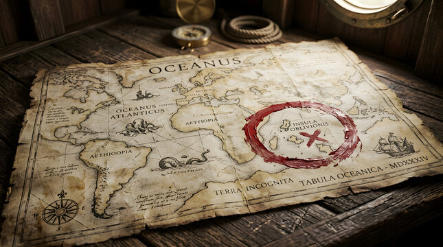 Ancient treasure map with red cross marking a destination on weathered parchment