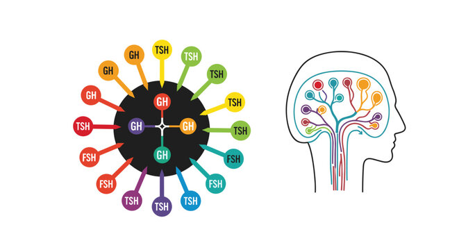 Diagram showing different hormones such as GH, TSH, and FSH originating from the human brain and spreading to various organs.