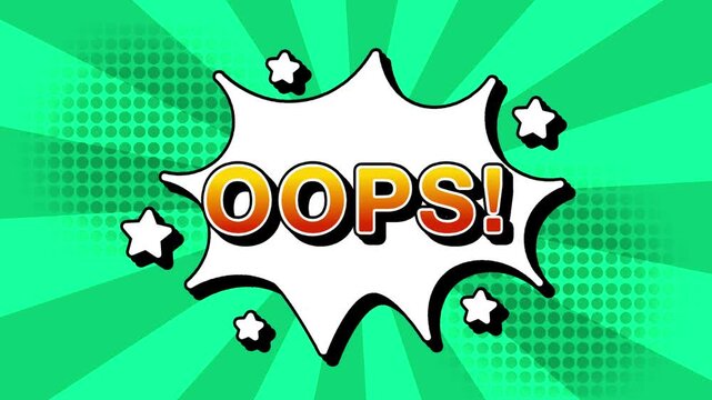 Oops text word lettering popup comic cartoon reveal with bomb and smoke explosion manga anime book page dots with radial speed lines doodle teal background with seamless loop animation retro