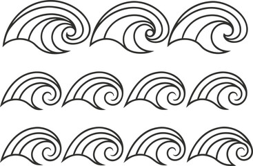 Fototapeta premium Ocean Wave Outline Element Design. Sea Water Ripple Outline Artwork. Coastal Wave Line Art Pattern. Marine Water Flow Outline Design. Minimal Ocean Current Shape Artwork. Tropical Sea Wave Outline