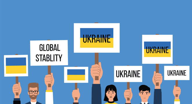 Crowd of diverse people holding signs for Ukraine and global stability in a peaceful protest against a blue sky background.