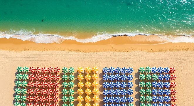 Colorful beach umbrellas lined up on the sandy shore with blue ocean waves in a sunny summer vacation. ombrelli
