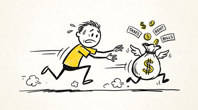 Financial Stress: Worried doodle man chases flying money bag losing cash to taxes, rent, and bills. Debt and expense concept.