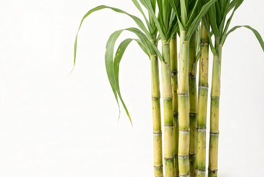 Fresh sugarcane stalks with green leaves isolated on white background. Raw sugar cane stems, tropical agriculture plant for food industry. High-quality studio shot with copy space on left.
