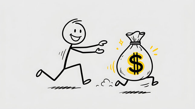 Happy stick figure chasing a running money bag with dollar sign. Financial pursuit, wealth goals, and elusive success concept.