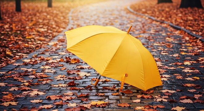 Bright yellow umbrella standing on a wet cobblestone street covered with colorful fallen autumn leaves. ombrelli