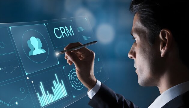 Business Professional Using Tablet with CRM Dashboard for Customer Data Management, Sales Analytics and Digital Marketing Strategy