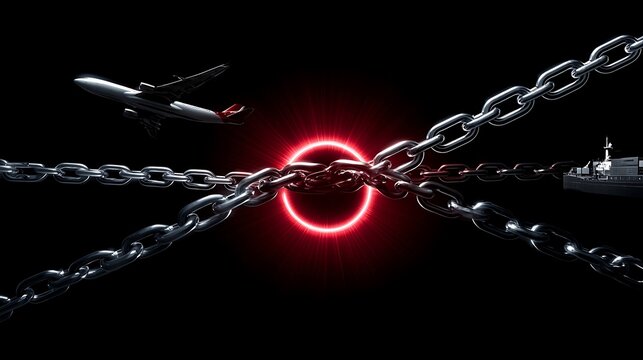 Airplane flying through a barrier of heavy metal chains in front of a glowing red circle and a distant cityscape, symbolizing restriction and travel challenges