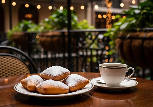 Fresh sweet beignets with powdered sugar and a cup of hot coffee on a wooden table at night cafe. cafe du monde