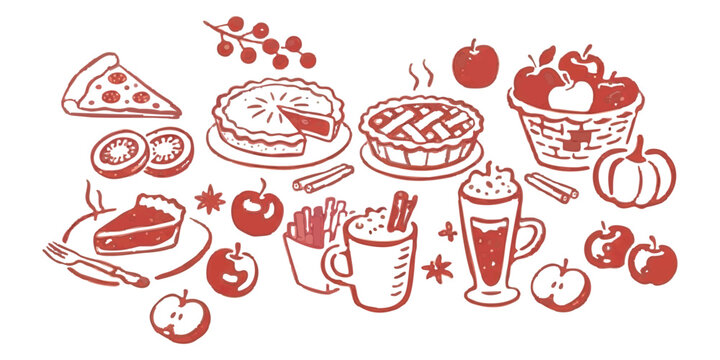 Set of hand drawn autumn apple pie and hot drink illustrations for fall season menu design