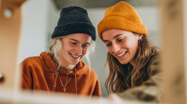 Smiling Lesbian Couple Assembling Flat Pack Furniture Together at Home