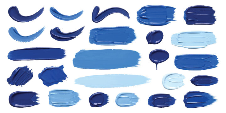 Set of blue paint brush strokes and artistic ink marks for design elements