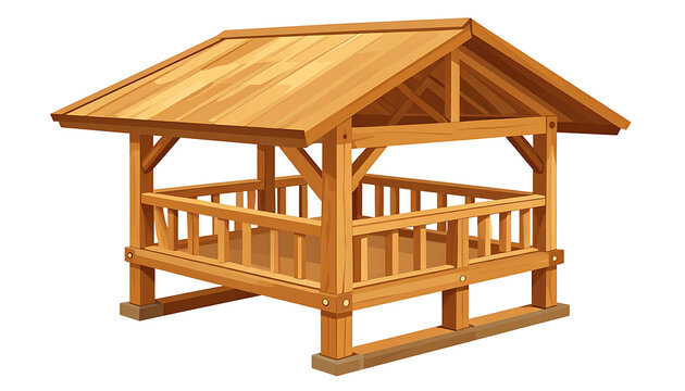 Pixel art wooden gazebo or pavilion with pitched roof and railing, simple outdoor structure for garden relaxation or event shelter