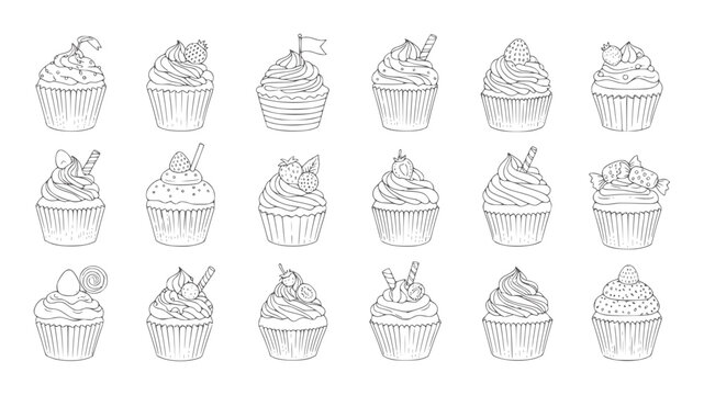 Collection of hand drawn black and white cupcakes with various toppings dessert sweet