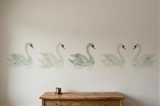 Row of swan wall decals above wooden dresser in neutral room with soft lighting