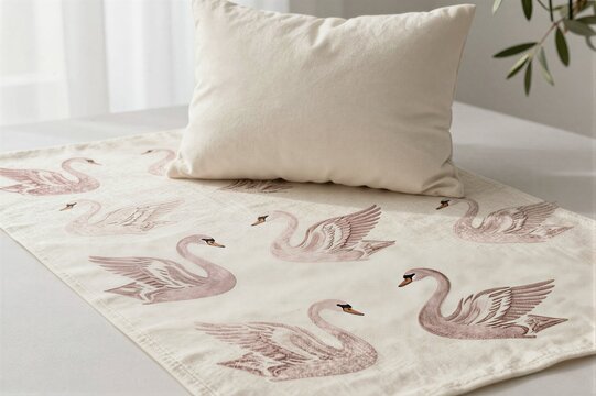Swan patterned runner with pillow resting on table