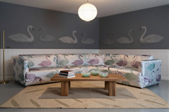 Sofa upholstered with swan pattern in modern living room