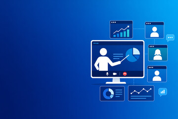 Fototapeta premium Minimalist online business presentation concept with virtual meeting screens, analytics dashboard, remote communication interface, gradient background, copy space, digital marketing, corporate webinar