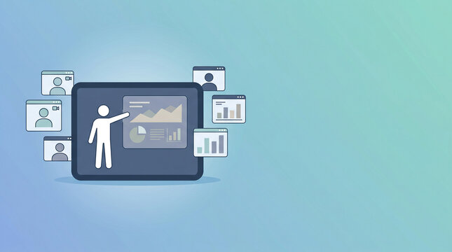 Minimalist online business presentation concept with virtual meeting screens, analytics dashboard, remote communication interface, gradient background, copy space, digital marketing, corporate webinar