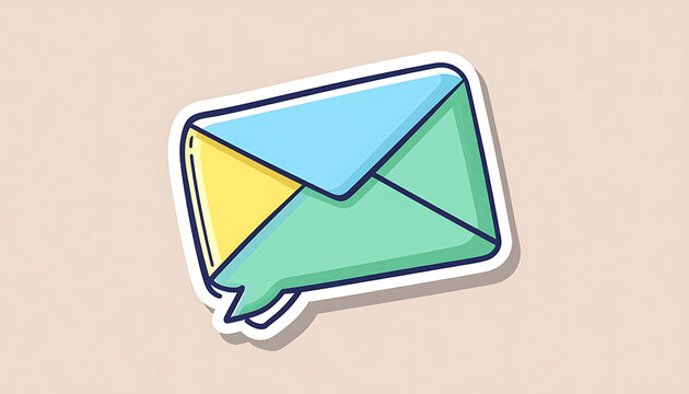Stylized pixel art message icon resembling an envelope with a speech bubble, in pastel blue, green, and yellow colors, set against a muted beige background, communication symbol