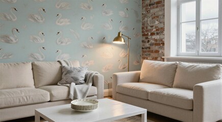 Fototapeta premium Living room featuring swan wallpaper and paired neutral sofas