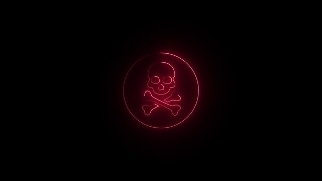 Skull Crossbones neon sign appear in center and disappear after some time, Animated blue neon icon on black background. Looped animation 4k video