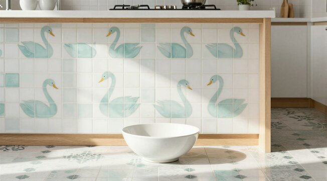 Kitchen tiles featuring swan pattern with bowl on floor