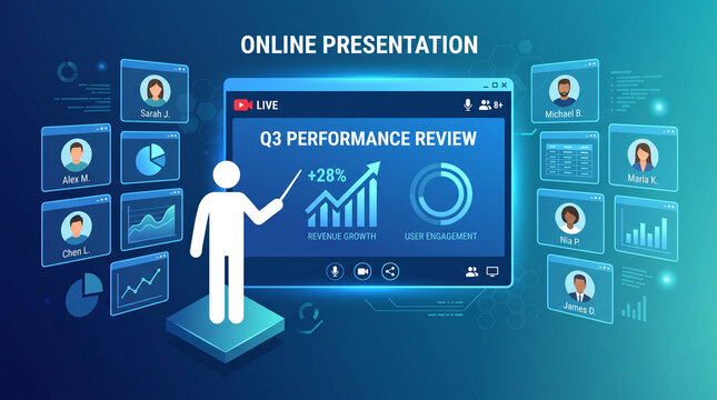 Minimalist online business presentation concept with virtual meeting screens, analytics dashboard, remote communication interface, gradient background, copy space, digital marketing, corporate webinar