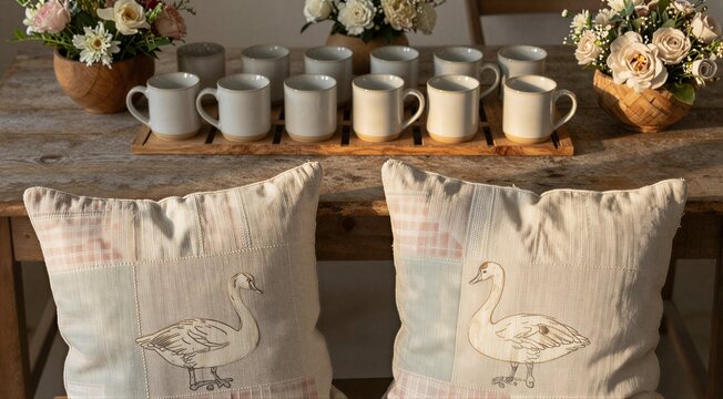 Pair of swan printed cushions on wooden dining bench