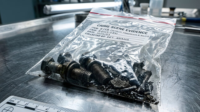 Evidence bag containing metal fragments and bolts on forensic table