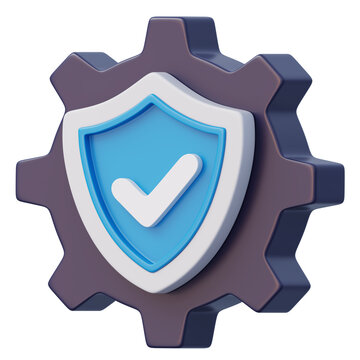 Professional 3d security shield gear checkmark for cloud data protection and technology support