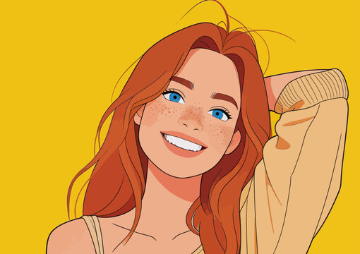Cheerful red-haired woman posing with hand in hair