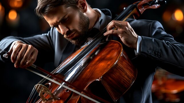 A musician in a tuxedo plays the cello intently in soft lighting, providing an elegant backdrop for advertisements for classical concerts, music schools and cultural events.