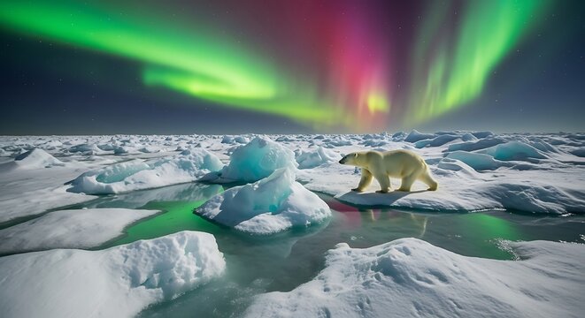 Polar bear walks slowly across the melting arctic ice floes beneath a vibrant and colorful display of the aurora borealis in the night sky.