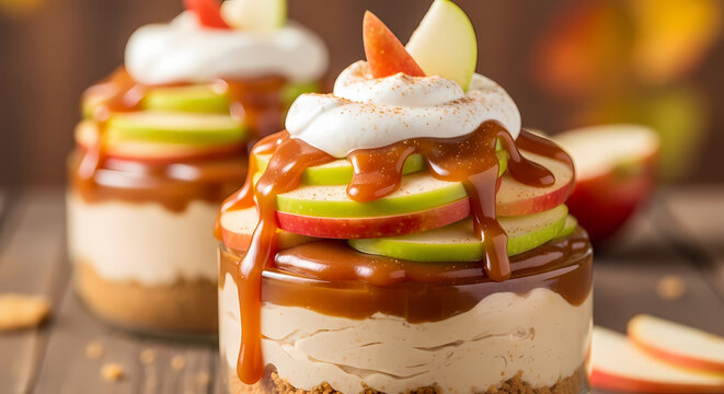 Delicious caramel apple cheesecake parfaits with whipped cream.